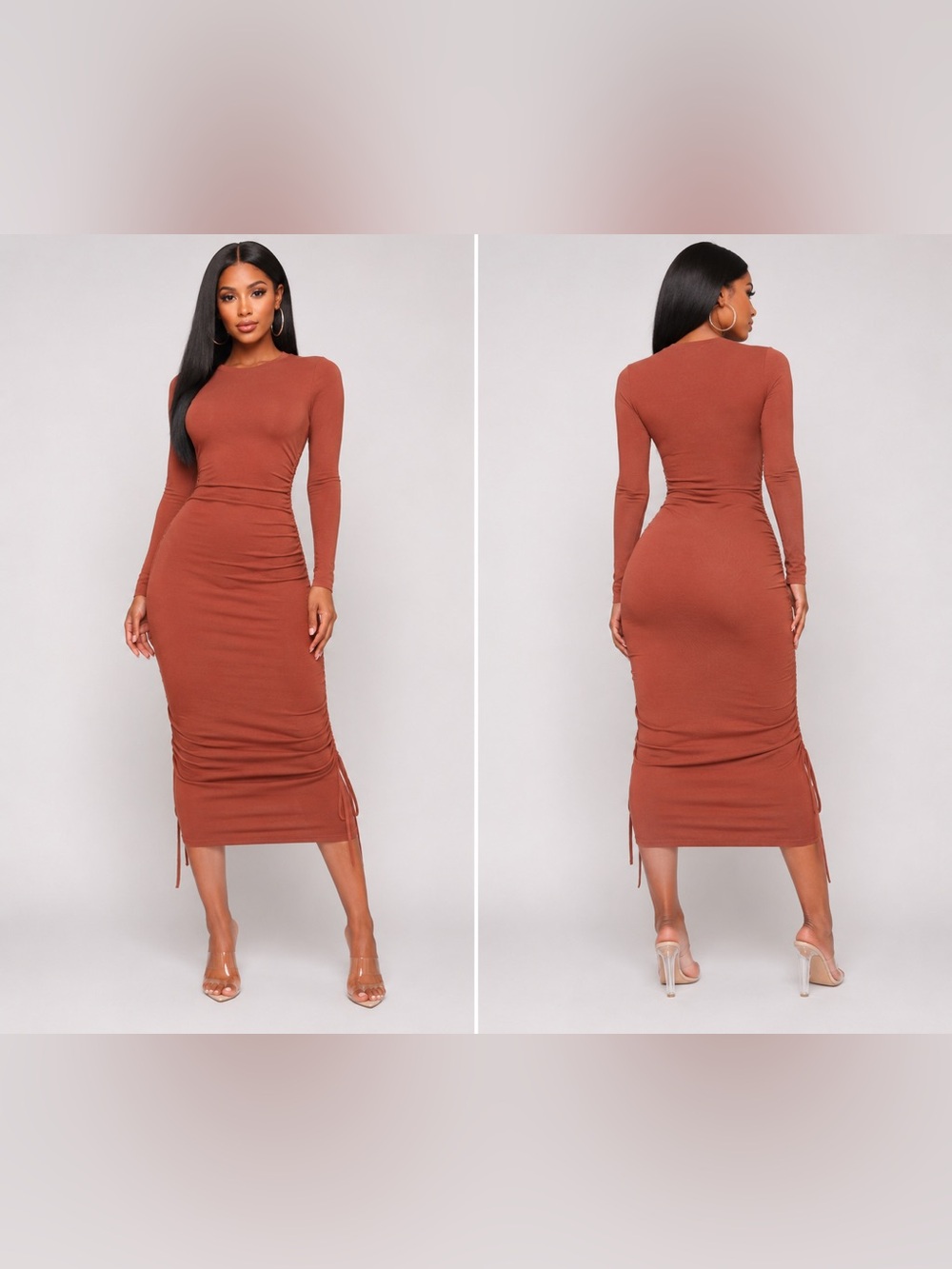 Long Sleeve Ruched Midi Dress - Rust